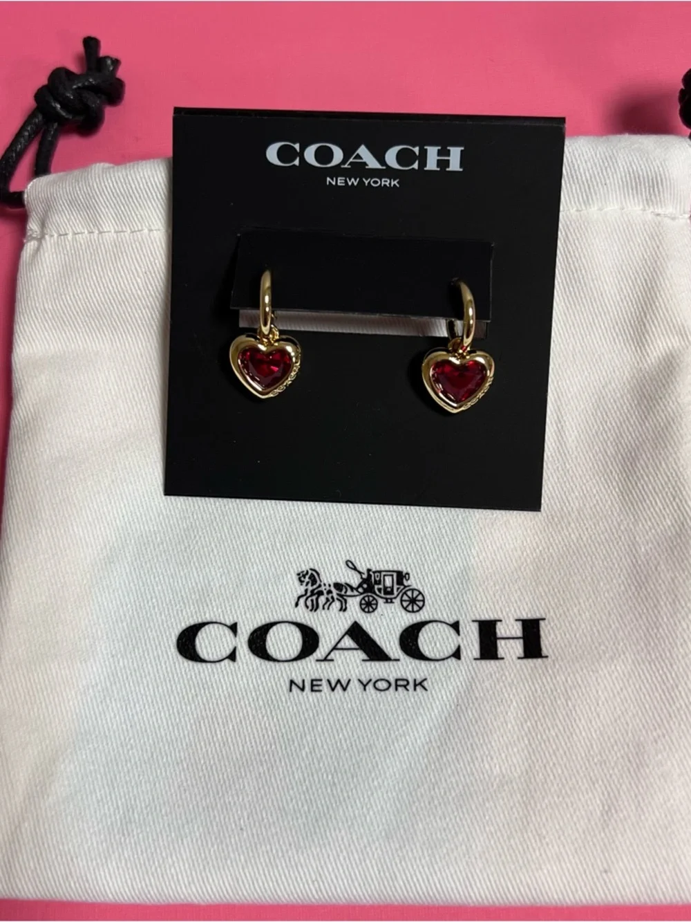 Coach Heart Huggie Earrings In Gold & Red NWT - Picture 4 of 7